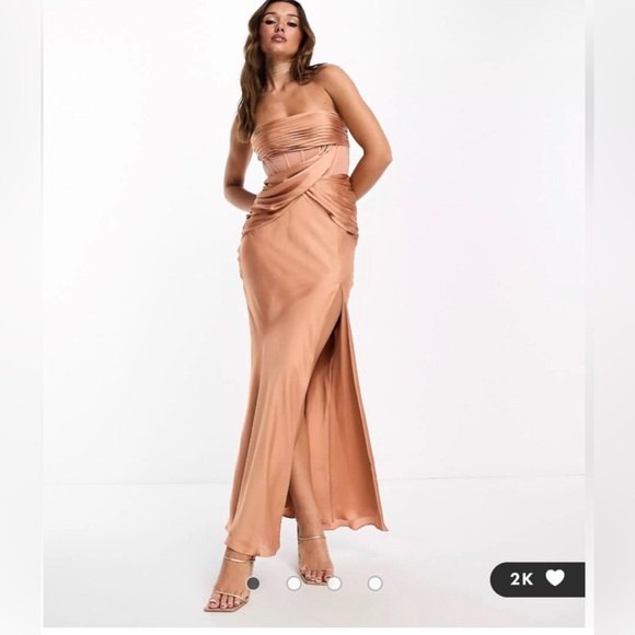 ASOS Design Maxi Dress Satin Draped  Corset Side Slit Party Formal Gown Nude NYE - Picture 1 of 6